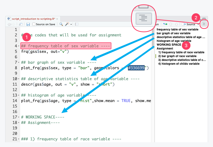  RStudio shows the document outline feature. Callout 1 shows a heading, callout 2 marks the Outline button in the script pane, and callout 3 shows the outline panel listing the script’s section headings so you can jump to different parts of the file.
