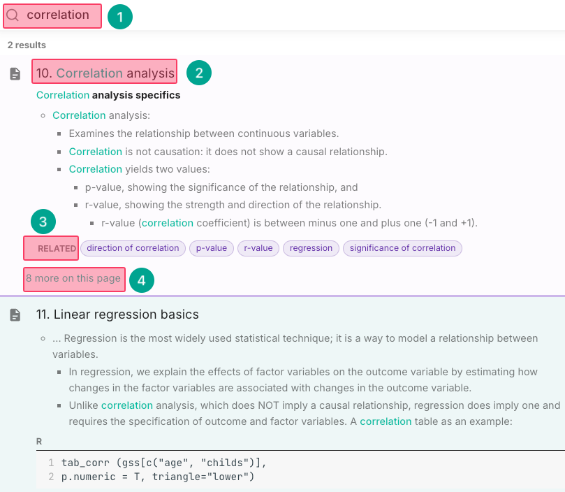 Screenshot of search results for “correlation” entered in the search bar at the top (1). The “Correlation analysis” section is highlighted (2), related concepts are highlighted (3), a “8 more on this page” link is highlighted below the related tags(4), and another result titled “Linear regression basics” appears further down the page.