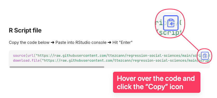 RStudio is open with the Console on the left. The pasted code is highlighted there, with callouts indicating: 1) open the RStudio lab, 2) paste the code into the Console, and 3) press Enter.
