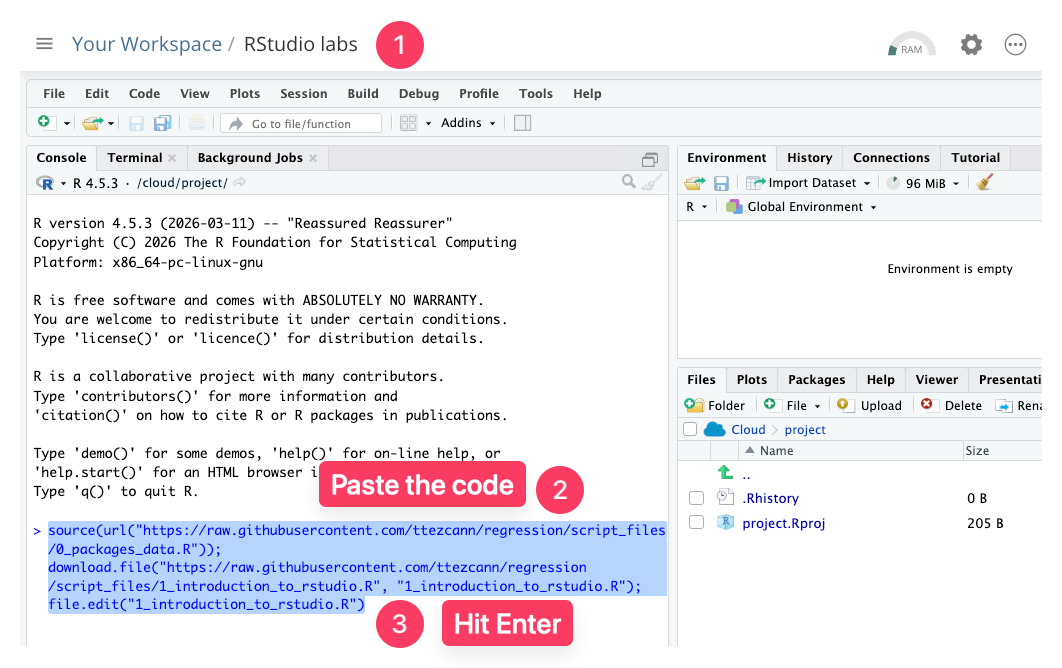 RStudio is open with the Console on the left. The pasted code is highlighted there, with callouts indicating: 1) open the RStudio lab, 2) paste the code into the Console, and 3) press Enter.
