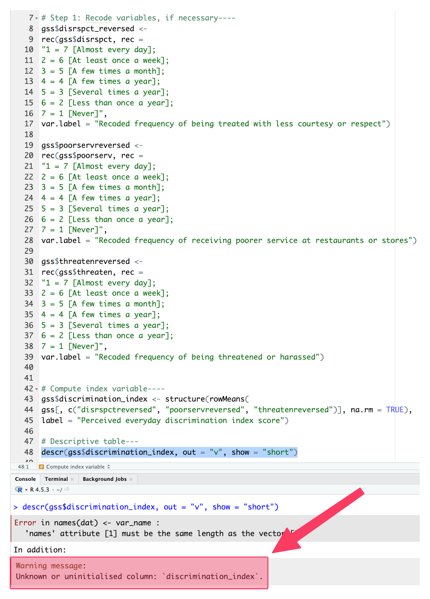 Screenshot of RStudio showing code to recode variables and compute a new variable called discrimination_index. In the console, an error appears: “unknown or uninitialised column: ‘discrimination_index’,” indicating the variable was not created before running the descriptive statistics command.